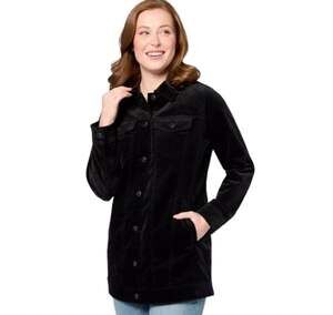 DENIM & CO. Women's Stretch Velveteen Long Jacket Small Black NWOT
